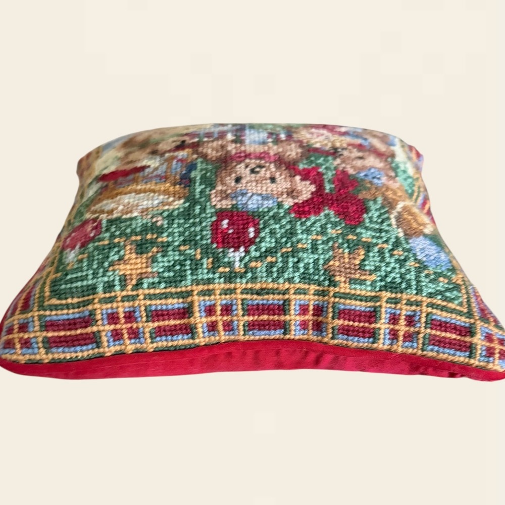 Vintage Christmas Needlepoint Teddy Bear Throw Pillow Red Velvet Plaid 9x9 - Picture 4 of 6